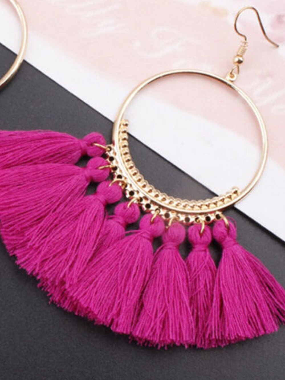 Hot Pink Fashion Jewelry Bohemian Hoop Earrings Handmade Tassels